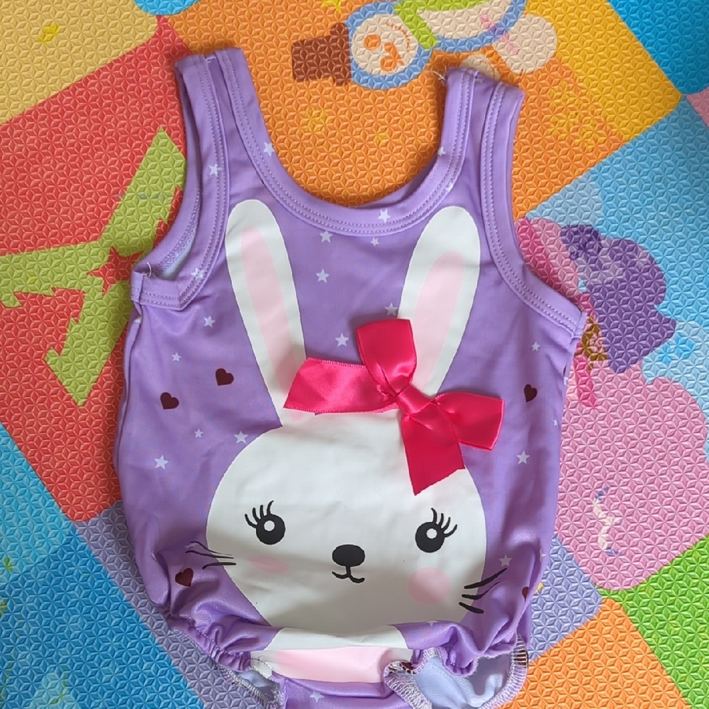 NWOT Lavender Bunny One-Piece Swimsuit with Pink Bow For 0-6months